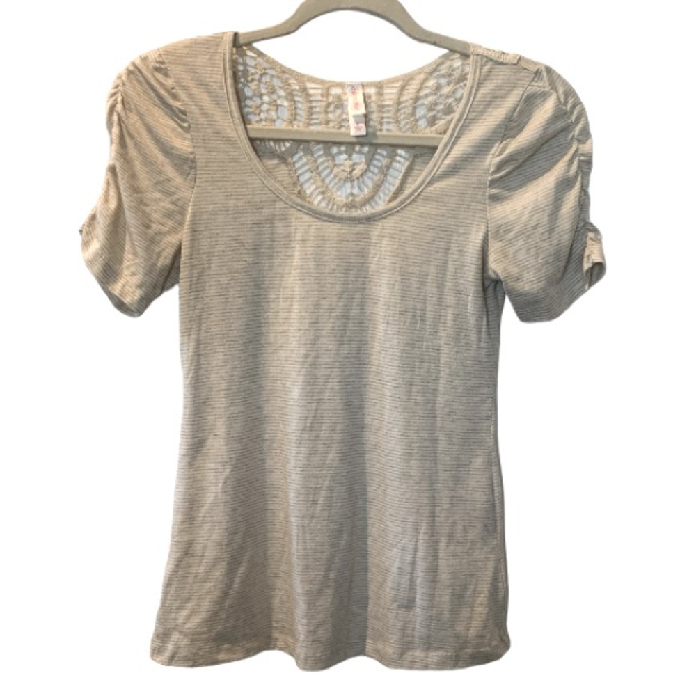 XHILARATION Women’s Short Sleeve Boho Crochet Top Tan & White Stripe Y2K Small